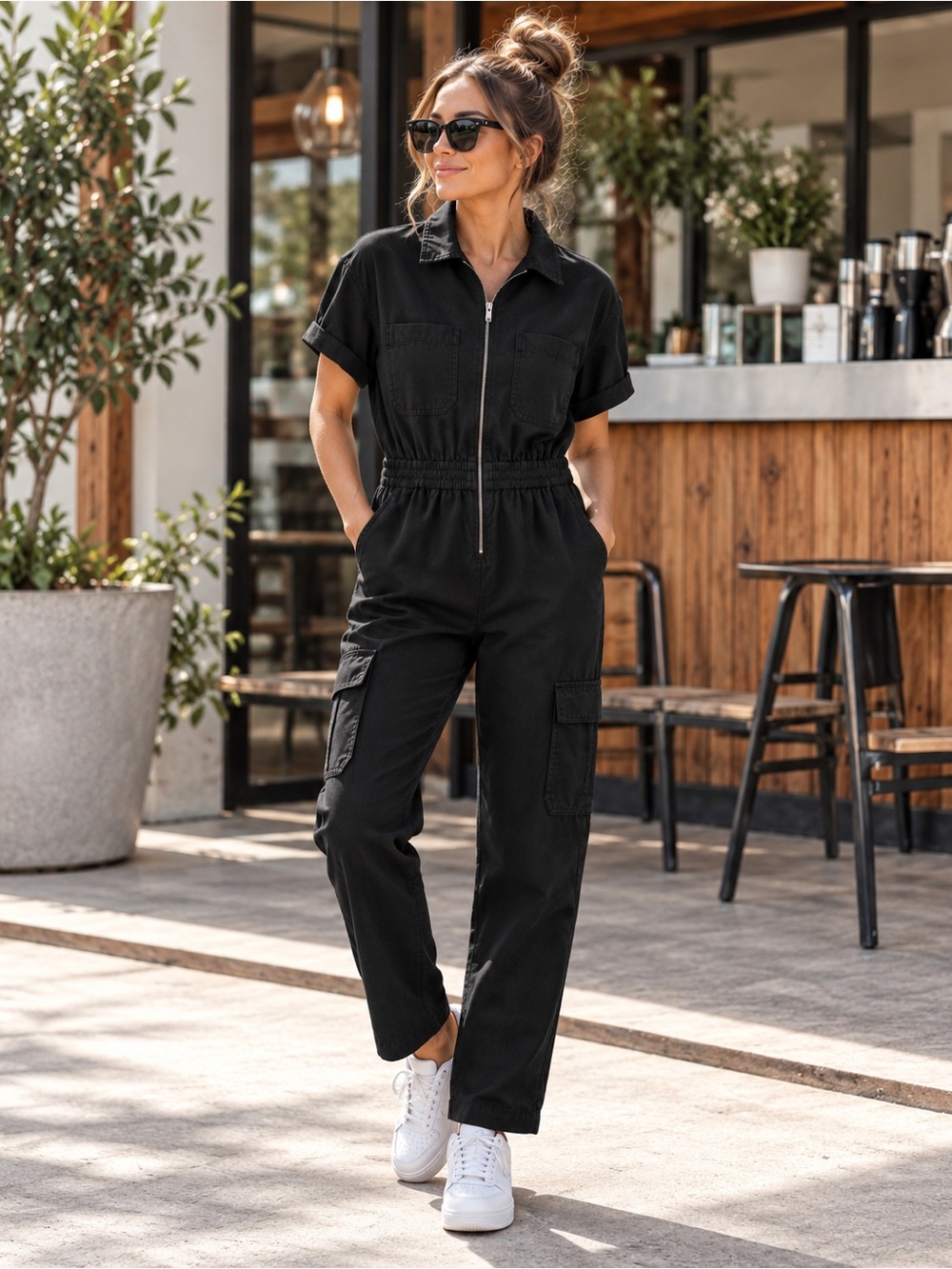 Vuori Coastline Black Lyocell Front Zip Utility Jumpsuit Medium Cargo 25” Inseam